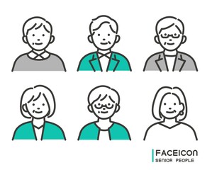 シンプルで使いやすいシニアの顔アイコンのベクターイラスト素材／男女／オシャレ／バストアップ
