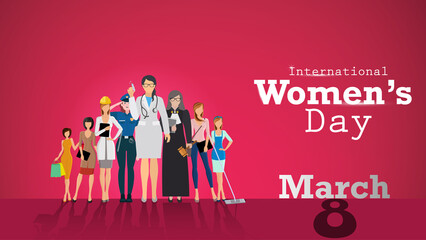 International women's day in march 8 and women 8 leader character art. Abstract background in pink color.