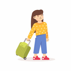 Girl with a suitcase. Little traveler cartoon style. Kid girl goes and rolls suitcase behind her