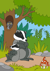Cartoon wild animals. Mother badger sleeps with her little cute baby near the tree in the forest.