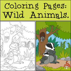 Coloring Pages: Wild Animals. Mother badger sleeps with her little cute baby near the tree in the forest.