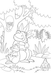 Coloring page. Mother badger sleeps with her little cute baby near the tree in the forest.
