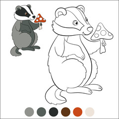 Color me: wild animals. Little cute badger stands with amanita in the hands and smiles.