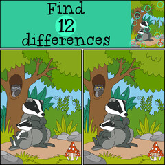 Educational game: Find differences. Mother badger sleeps with her little cute baby near the tree in the forest.