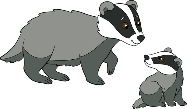 Cartoon wild animals. Mother badger stands with her little cute baby and smiles.