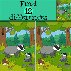 Educational game: Find differences. Mother badger stands with her little cute baby in the forest.