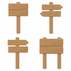 A set of wooden signs and directional arrows. Empty billboards made of wood, color vector cartoon illustration