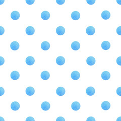 Seamless hand drawn watercolor pattern made of round blue dots, isolated over white. Polka light  blue dot  pattern on white bacdrop 