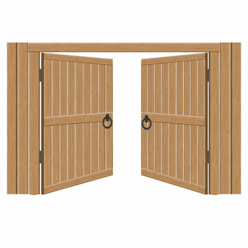 Old wooden massive open gates, vector illustration. Double door with iron handles and hinges
