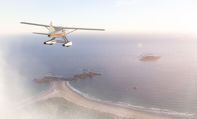 Fototapeta na wymiar Seaplane Flying over the West Coast Pacific Ocean at sunset. Adventure Composite. 3D Rendering Airplane. Background Image from Tofino, Vancouver Island, British Columbia, Canada.