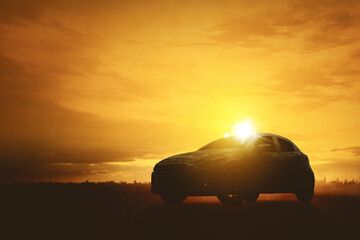 Silhouette of luxury sports car parking on the road
