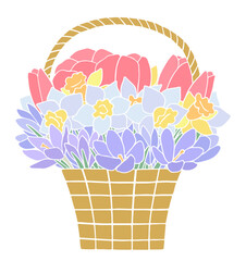 Basket with spring flowers (tulips, daffodils, and crocus)
