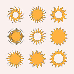 Retro collection simple hippie  sun in style 60s, 70s. Trendy design templates. Vector illustration