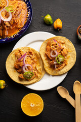 Cochinita pibil tacos with habanero pepper and purple onion. Mexican food