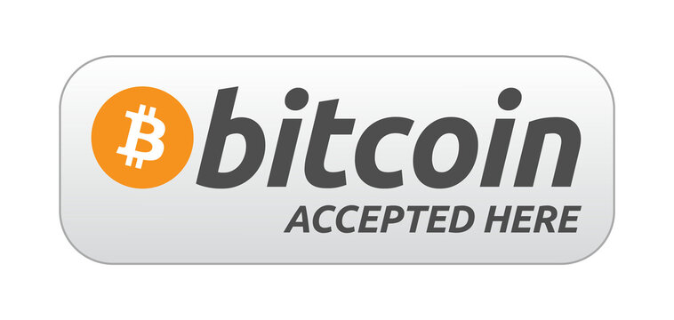Bitcoin accepted here sign button sticker vector illustration. Can be used as a shop display sign, badge, label, card, print design, poster and graphic tag.