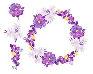Watercolor wreath of lilac flowers, twigs and daisies.