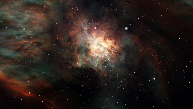 Seamless loop galaxy exploration through outer star space towards glowing orange blue cloud milky way galaxy. 4K looping animation of flying through glowing nebulae, clouds and stars field. 