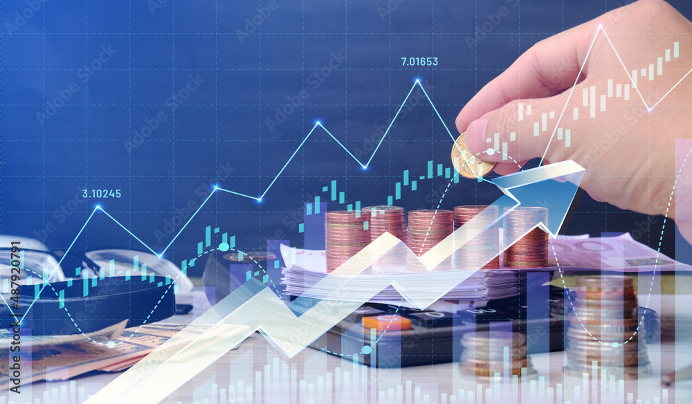 Wall mural Double exposure of trading and analytical data on stock market investments, funds, and digital assets, economy, financial, banking, and currency exchange, business investment, and finance technology