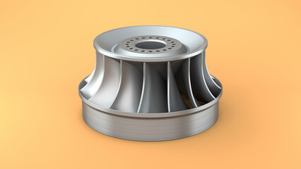 Francis type hydro electric turbine on a yellow background. 3d render