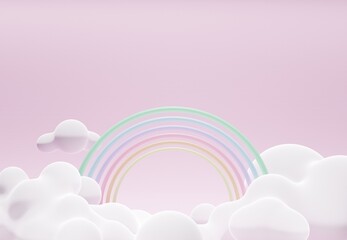 Stand and display colorful pastel clouds and rainbow in the baby room interior. 3D rendering. A scene for advertising, Minimalist mockup for podium display or showcase.