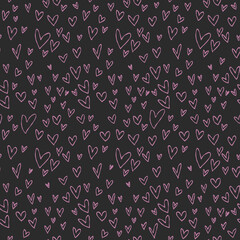 Cute black pattern with pink doodle line hearts. Textiles for children, fabric, book, bedroom, baby. Digital paper scrapbook, seamless background.