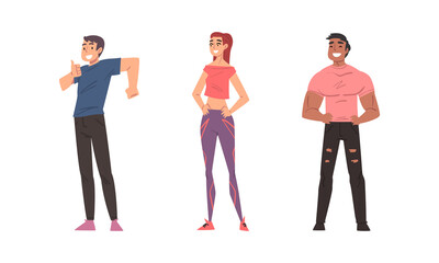 Fototapeta premium Cheerful smiling young people in casual outfit standing together cartoon vector illustration
