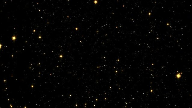 4K 3D seamless loop of shinny gold stars animation on black background. Graphic motion overlay effect loop with galaxy sky twinkling light in the space animation. Galaxy space exploration and rotation