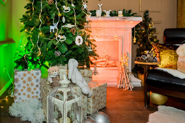 Christmas and New Year interior of a photo studio with dedicated fireplace. And magical illumination. Idea for holiday like Christmas and New year, for covers books, magazines, articles.
