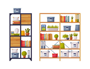 Wooden bookcases set. Furniture for home or office modern interior vector illustration