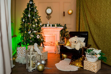 Christmas and New Year's interior of a photo studio from a wide angle. General view with magical illumination. Idea for holiday like Christmas and New year, for covers books, magazines, articles.
