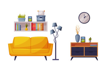 Comfy furniture and home decor elements for cozy room interior. Wooden chest of drawers, sofa, bookshelf and lamp vector illustration