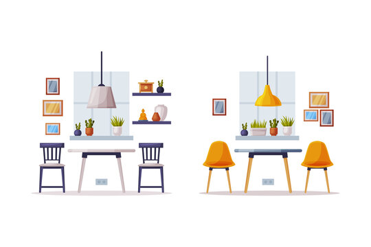 Cozy kitchen interiors set. Modern furniture and home decoration accessories vector illustration