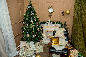 Christmas and New Year interior of a photo studio, and brown wall (1). Idea for holiday like Christmas and New year, for covers books, magazines, articles.
