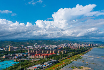 Under the blue sky white clouds in the western town of scenery