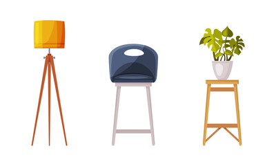 Houseplants on wooden stand, floor lamp and chair vector illustration