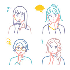 悩んだり、困ったりしている若い女性のアイコンイラスト素材