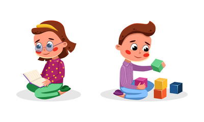 Girl reading book, boy playing toy blocks cartoon vector illustration