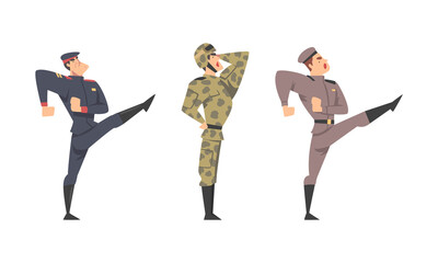 Army soldiers in combat uniform saluting and marching cartoon vector illustration
