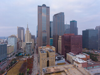 Aerial view of Dallas modern city skyline in the morning including Comerica Bank Tower at 1717 Main Street and 1700 Pacific Avenue building in downtown Dallas, Texas TX, USA. 