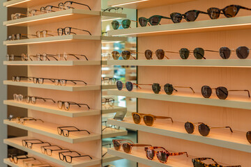 Trendy sunglasses, Summer eyeglasses, fashion collection, Different sunglasses on a stand. Glasses promotions.