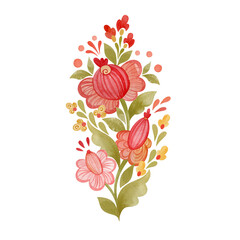 Bouquet of folk flowers. Drawn in watercolor on white background.