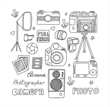 Vector photo cameras sketch set. Hand drawn style. Different types of cameras in retro and modern style. Doodle accessories for photographers. Flash, lens, light, lens