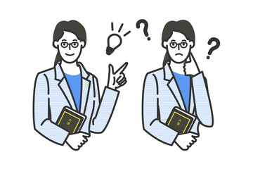 長い髪を束ねた誠実で優しそうな日本の女性弁護士の白バックのシンプルな線画のイラスト