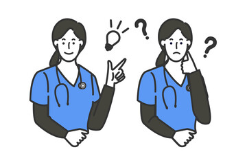 手術技姿で聴診器をしたの女医さんのマルバツやオッケーなどの表情バリエーションの白背景に線画のシンプルなイラスト