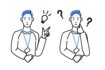 ベンチャーIT企業のエンジニアをイメージしたのアジア人好青年の表情のバリエーションの白バックのシンプルな線画のイラスト