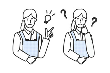 シャツにエプロンの女性のマルバツやオッケーなどの表情バリエーションの白背景に線画のシンプルなイラスト