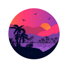 Fototapeta na wymiar tropical landscape vector illustration. landscape with palm trees in round frame very peri, vector.palm trees, sea, orange sun mountains vector drawing.eps