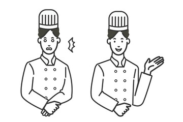 可愛いアジア人のコックコートを着た料理人風男性のの表情のバリエーションの白バックのシンプルな線画のイラスト