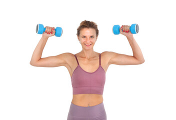 Fototapeta na wymiar Young smiling woman exercising with dumbbells in hands isolated on white background