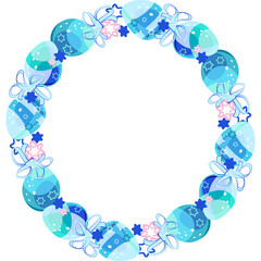 A wreath. Easter egg frame. Round sublimation of Easter colorful eggs and bows. Bright cartoon picture. For the church celebration of the consecration of eggs.